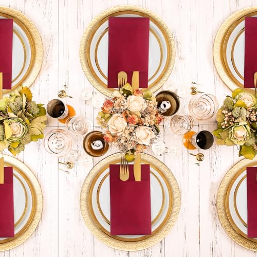 KAMMAK Burgundy Red Disposable Cloth-Like Paper Dinner Napkins 16.5x16.5 Inch - 100 Pack with Pocket for Party Wedding Dining