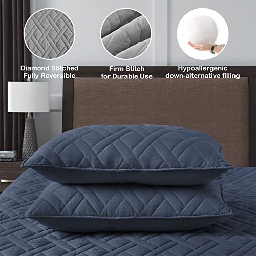 Dark Navy Blue King Quilt Set with Pillow Shams - Geometric Diamond Pattern, Ultra Soft All-Season Bedspread, 3 Pieces