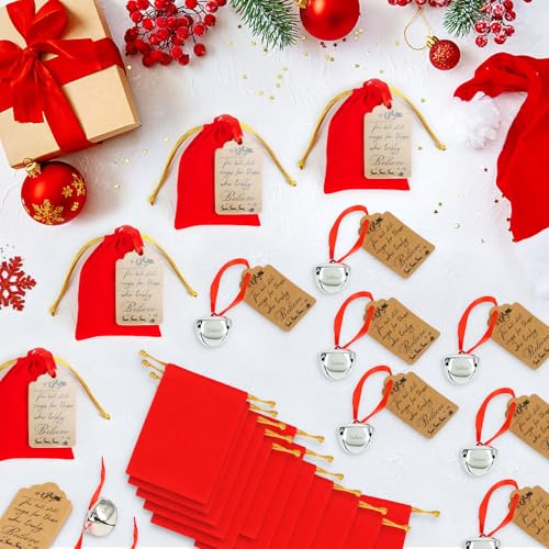 Bylion Silver Christmas Belief Bells Set with Red Velvet Gift Bags, 12 Pack