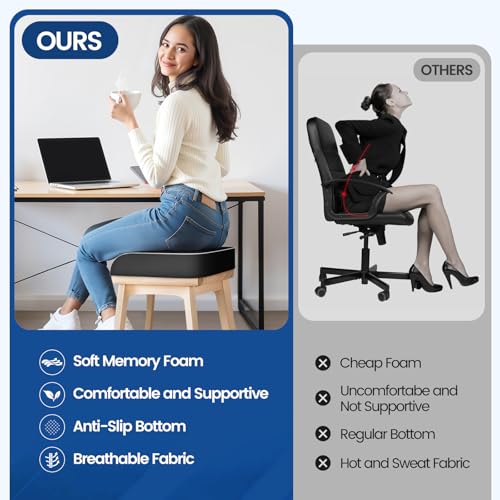 Black X-Large Memory Foam Seat Cushion for Tailbone Pain Relief - Ergonomic Chair Pad