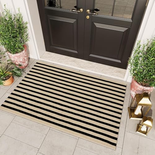 Outdoor Washable Rug 3x5 Feet Black and Tan Striped Porch Rug - Waterproof, Indoor/Outdoor