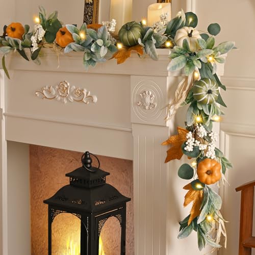 Green Fall Garland with Lights - 6 Ft Eucalyptus & Pumpkin Decor Set - 2 Pcs