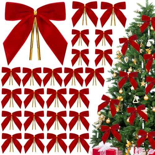 24 Pcs Velvet Bows for Christmas Tree,Small Velvet Ornaments Christmas Tree Bows for Gift Wrapping Door Vintage Garland Wreath,Rustic Holiday Decor-1" Wide,3.5 x 3.5 Inch (Red)