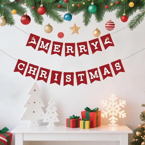Neyeidru Red Merry Christmas Banner - Paper Party Sign, Pre-Strung