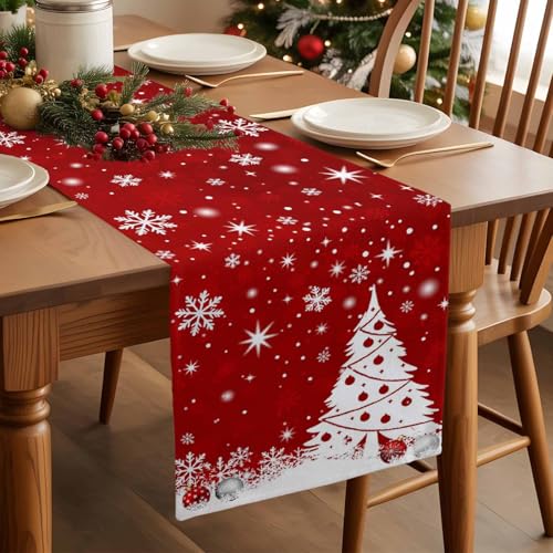 Ldtrchee 13 x 36 in Red Christmas Table Runner - Cotton Linen Snowflake Tree, Winter Holiday Decor