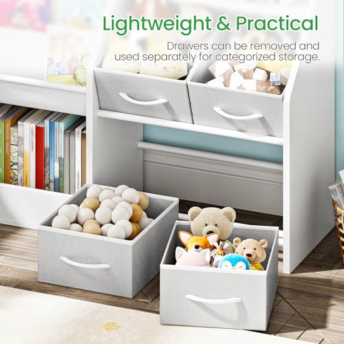 Kids Bookshelf with 3-Tier Fabric Slings & 4 Drawers, Toddler Toy Storage Organizer, White