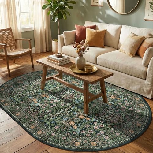 Dark Green Floral Oval Rug - 5x8 Boho Washable Area Rug for Living Room