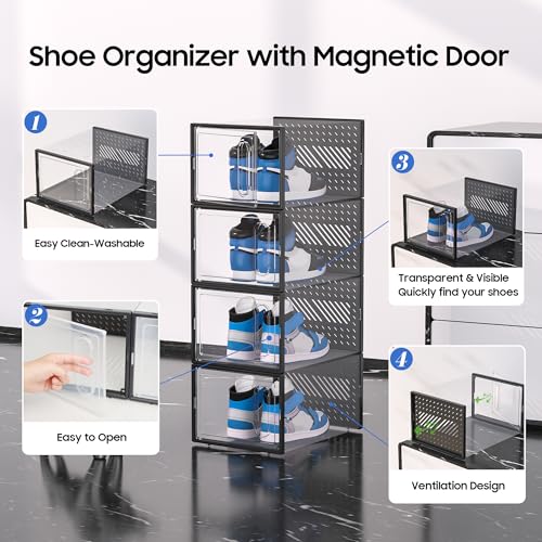 Black XL Shoe Storage Box with Magnetic Door - Stackable Shoe Organizer for Closet