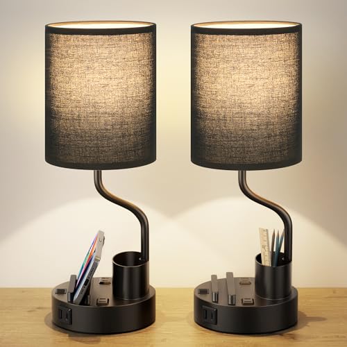 Fenmzee Bedside Lamps Set of 2 - Black Nightstand Lamps with USB & Outlets