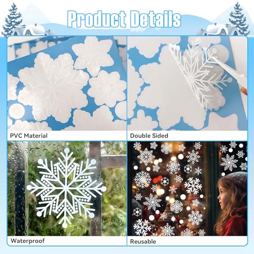 PartyGarden Snowflakes Window Clings - 8 Sheets, 152 Pcs Christmas Snowflake Decals for Glass & Holiday Decor