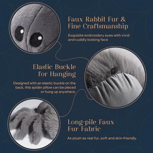 Grey Spider Shaped Throw Pillow - Faux Fur Halloween Decorative Cushion 22x16 in