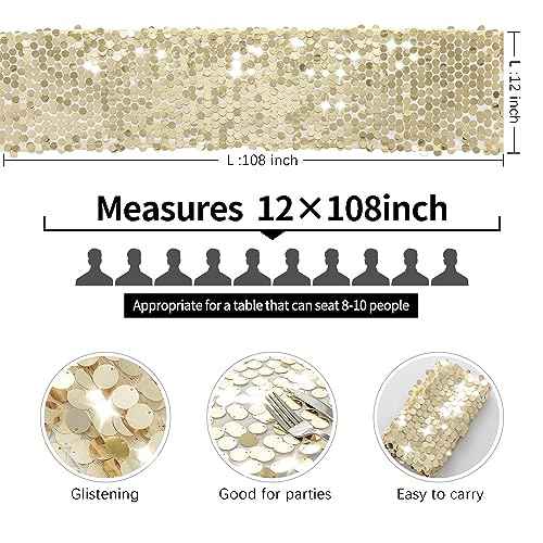 Pufogu 12 x 108 Inch Sequin Table Runner, Champagne Glitter Premium Big Sequin Table Runner, Rectangle Table Runners for Halloween, Christmas, Wedding Party, Birthday Party, Banquet Decor (1 Pack).
