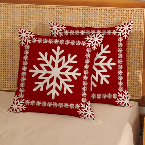 Christmas Pillow Covers - 20x20 Set of 2 Winter Snowflake Pillowcases - Red Throw Pillows - Farmhouse Holiday Linen Decorations - Outdoor Cushion Covers for Sofa Couch Home