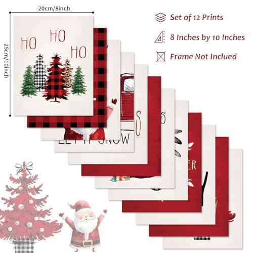 Justforjoyful 12Pcs Christmas Wall Art Prints Classic Merry Christmas Posters for Wall Decoration Xmas Holiday Wall Art Posters Red Winter Room Decor for Living Room Bedroom Office 8X10inch Unframed