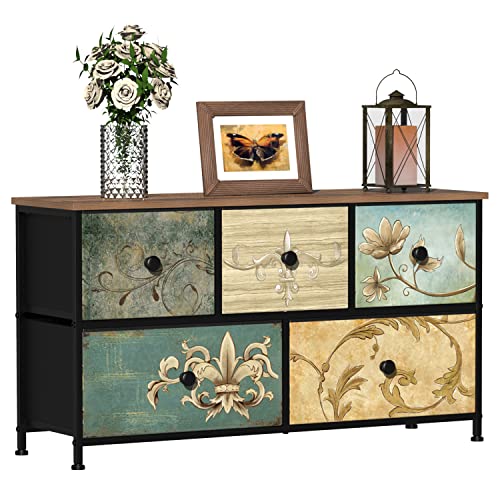 Fabric Dresser with 5 Drawers and Retro Floral Pattern – Bedroom Storage Chest, Wooden Top, 39W x 21.5H inches - Variation of THIS listing