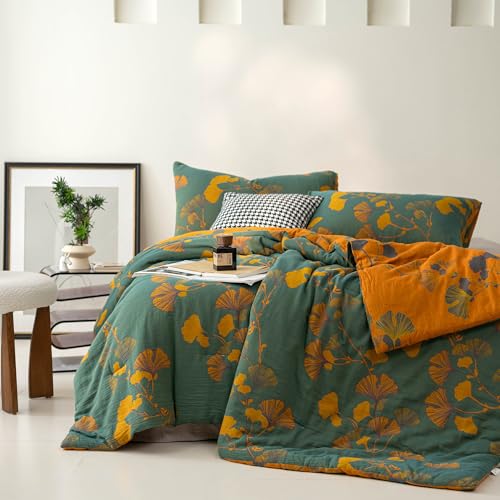 Reversible Cotton Jacquard Comforter Set - Floral Ginkgo Leaves Print, King, Green Yellow