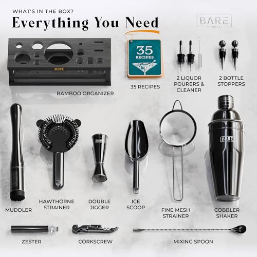 Bartender Kit Bar Set with 16 Tools and 35 Recipe Cards - Jet Black 24oz Cobbler Shaker