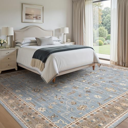 Blue and Brown 8x10 Washable Vintage Area Rug - Pet Safe, Non-Slip, Easy-Care