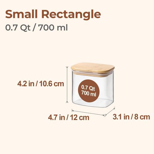 ComSaf 0.7 Qt Rectangle Glass Storage Containers - Clear Glass Jars with Bamboo Lids for Pantry Organization