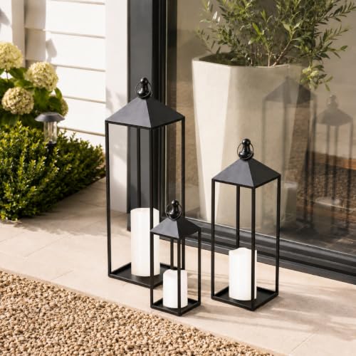 LED Lantern Set with Flameless Candles - 23, 19 & 13 Inches, Timer, Black Metal Decor for Indoor & Outdoor