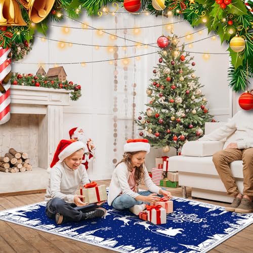 Dunzy Blue Snowflakes Christmas Door Mat 5x7 ft Non-Slip Washable