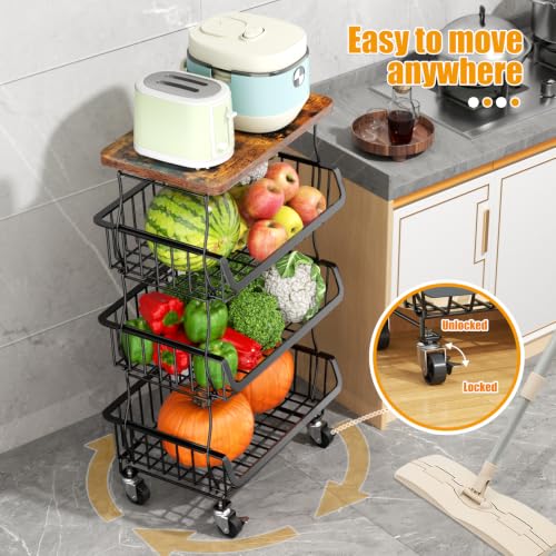 4-Tier Fruit and Vegetable Basket with Wheels - Black, Kitchen Organizer