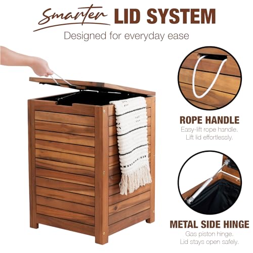 GREEN ALLUVIUM 90L Laundry Hamper with Lid & Handles, Acacia Wood, Brown