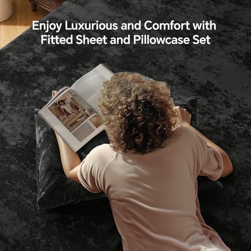 BEDELITE Velvet Fitted Sheet & Pillowcase Set Queen Black - Ultra-Soft, Luxurious Bedding