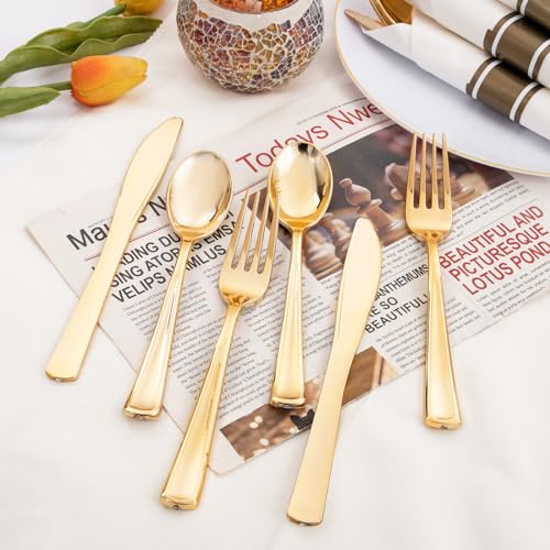 120 Pack Gold Plastic Cutlery Set with Napkins - Wrapped Disposable Forks Spoons Knives