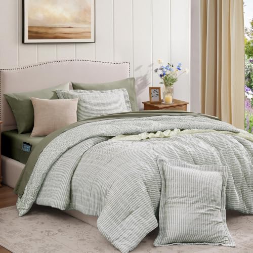 BLOOMHAVEN Queen Comforter Set - Reversible Green Plaid Floral Bedding 7 Pieces - Green Tea Variation