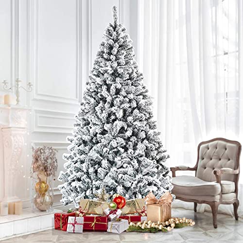 7.5FT Artificial Snow Christmas Tree with Hinged Branches & Metal Stand - Indoor Outdoor Holiday Decor