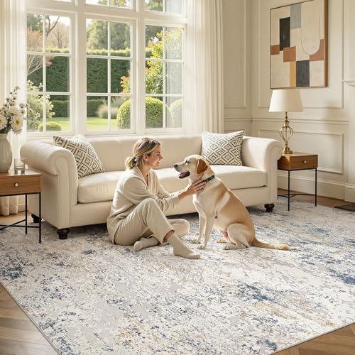 8x10 Beige Blue Abstract Washable Area Rug for Living Room, Non-Slip, Soft Polyester