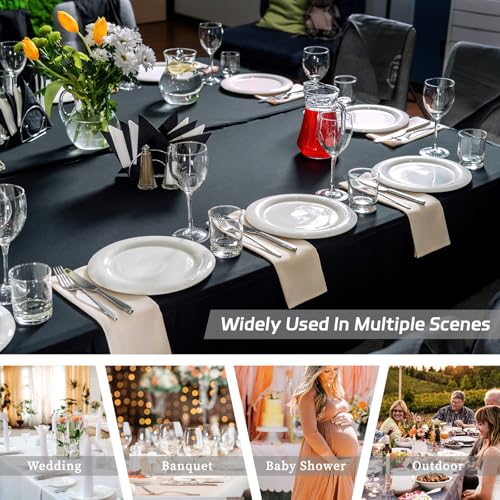 Fixwal 8FT Black Fitted Spandex Tablecloth - 6 Pack, Rectangular, Stretchy and Wrinkle-Resistant
