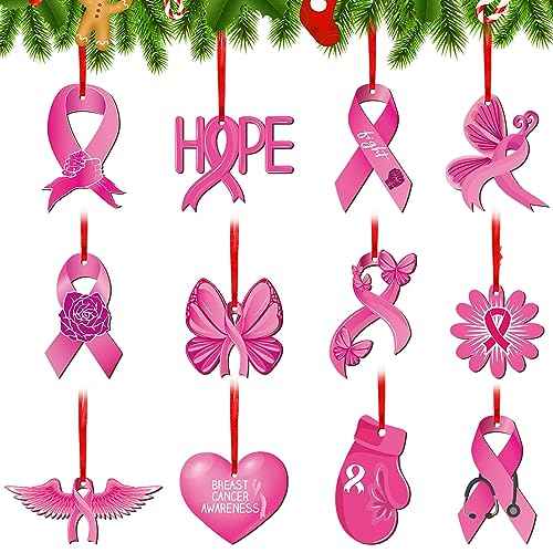 12 Pcs Christmas Hanging Ornaments for Tree Pink Ribbon Breast Cancer Awareness Sign Double Sided Wooden Pendants Christmas Ornaments for Xmas Tree Party Decor