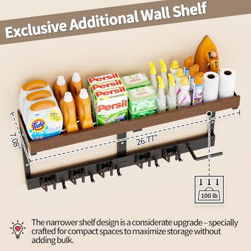 Wall-Mounted Broom and Mop Organizer with Shelf - Black