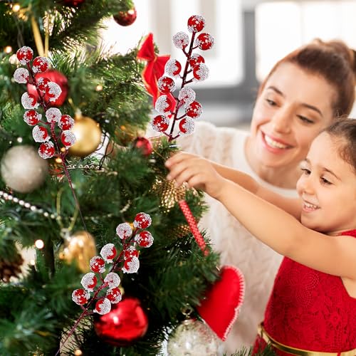 50 Pack Christmas Snowy Red Berry Stems for Tree Decorations - 8 Inch Artificial Holly Branches & Fillers by Zhmiyiqijiay