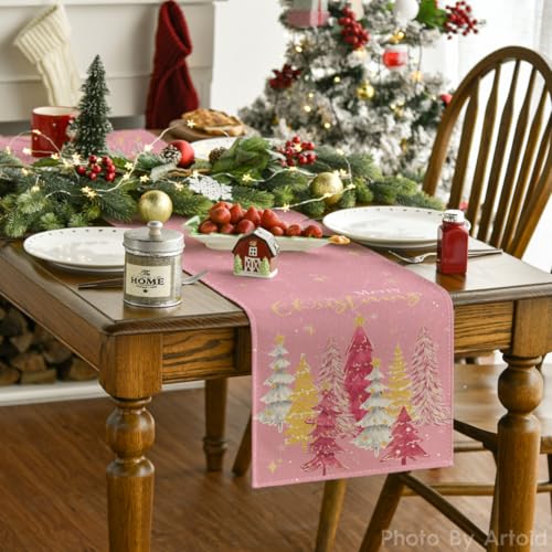 Artoid Mode Xmas Trees Merry Christmas Table Runner, Seasonal Winter Pink Kitchen Dining Table Decoration for Home Party Decor 13x72 Inch