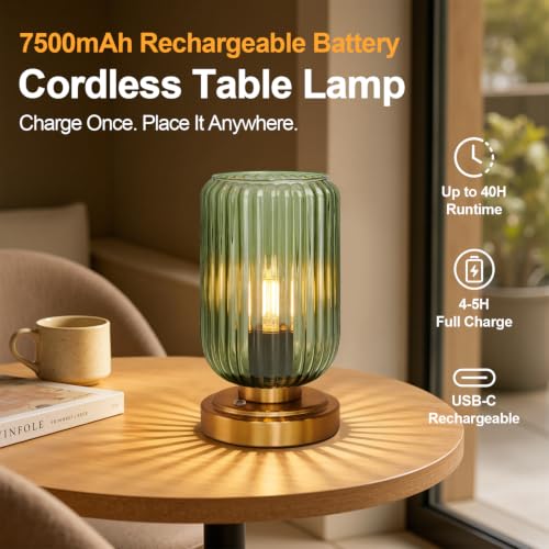 Green Glass Cordless Dimmable Table Lamp - Brushed Gold Base, Touch Control