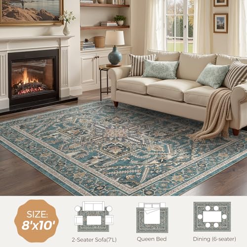 Washable Living Room Area Rug 8x10 Vintage Teal Brown Non-Slip Floor Mat