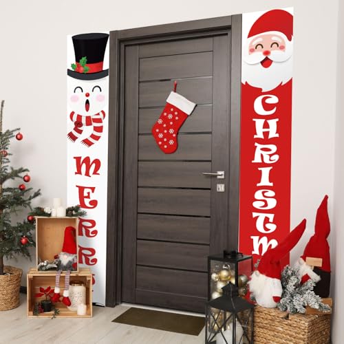 Christmas Porch Banner Sign Snowman Santa Claus Merry Christmas Banner for Xmas Holiday Wall Hanging Decor Supplies Indoor Outdoor