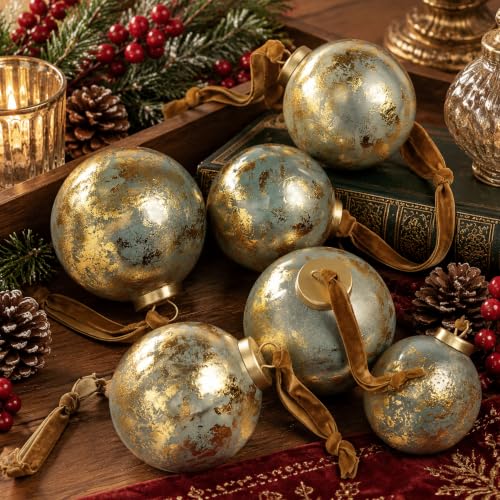 Civaner 6 Pcs Vintage Christmas Glass Ornaments Set – 4in & 3.14in Antique Gold Copper