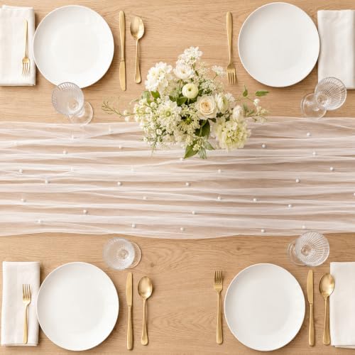 4 Pcs Pearl White Tulle Table Runners 29x72in for Weddings - APUDWN