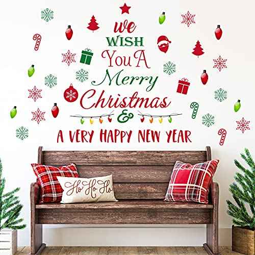 3 Pieces Christmas Tree Wall Decals - Xmas Holiday Snowflakes Stickers, Winter Quotes Ornaments - Mixed Color PVC Wall Art for Christmas Party Doors Decoration Supplies