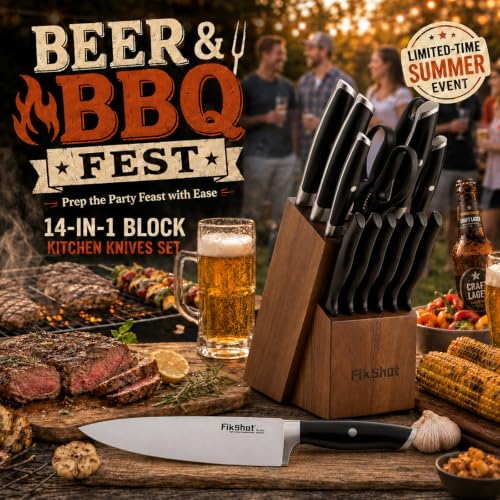 Black 14-Piece Kitchen Knife Set with Block - German Stainless Steel