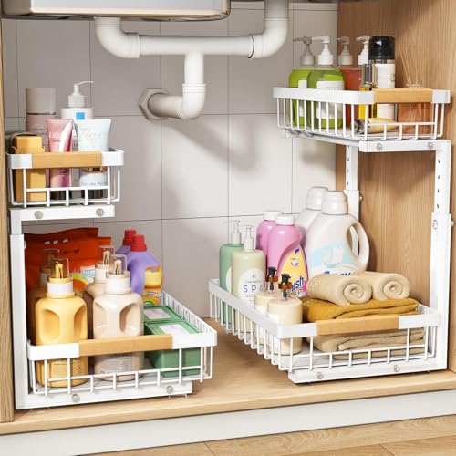 PXRACK Large White 2-Pack Under Sink Organizer - Adjustable 2-Tier Pull-Out Cabinet Storage for Kitchen & Bathroom