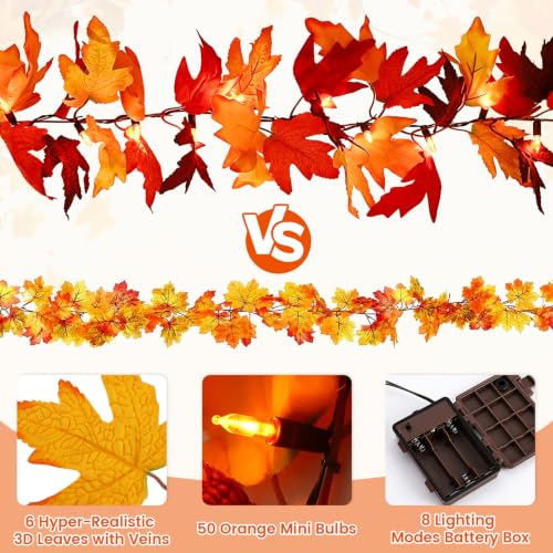 2 Pack 12Ft 50 LED Fall Garland with Lights,8 Modes Waterproof