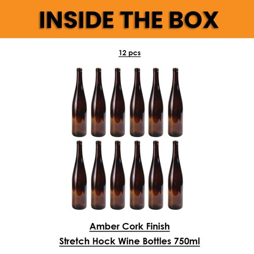 FastRack 750ml Amber Glass Wine Bottles (Pack of 12) | W13 Stretch Hock Empty Bottles for Homemade Wine, Kombucha & Beer – Amber Liquor Bottles for Wine Making & Storage – No Corks Included