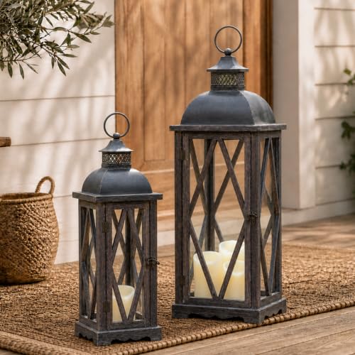 Dark Brown Farmhouse Outdoor Lanterns Set of 2 - Rustic Patio Candle Holders