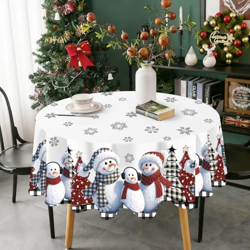 QIALETS 70 Inch Round Snowman Christmas Tablecloth Water-Resistant Holiday Decor