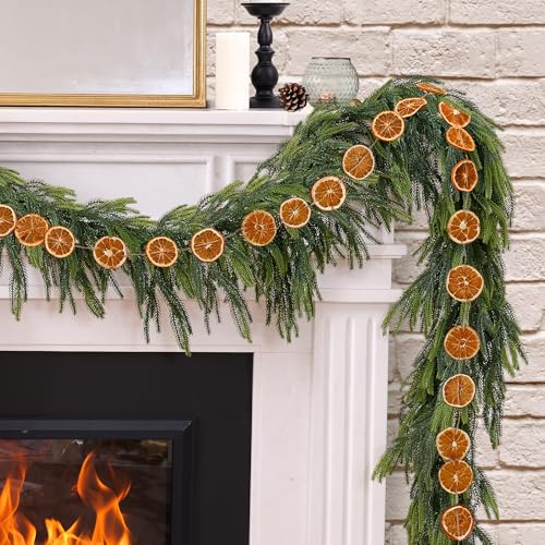 6FT Norfolk Pine Garland with 6.6FT Orange Slice Garland Set for Mantel - ComfyKit